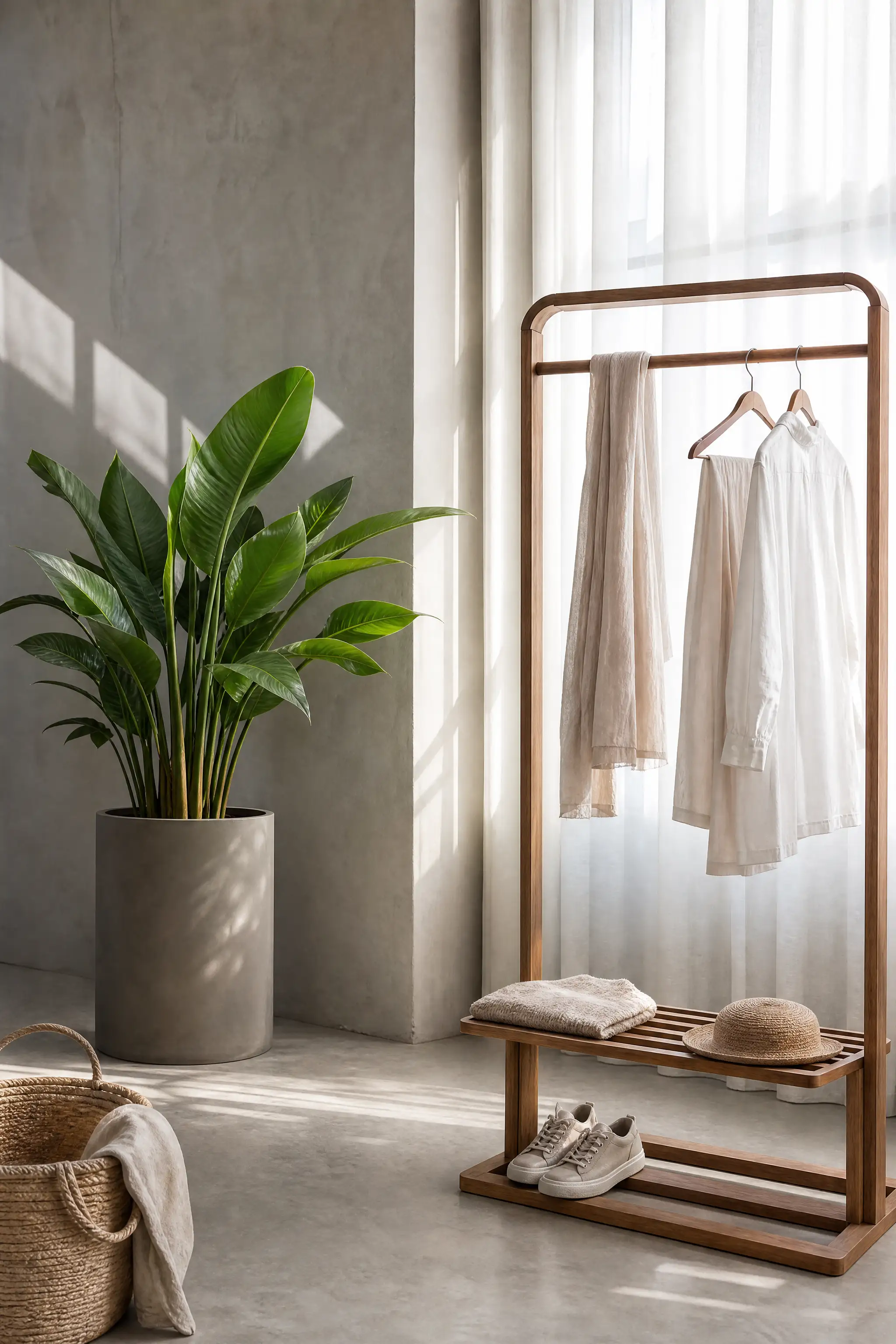 Minimalistische Garderobe mit Kleidung, Pflanze und Tageslicht.