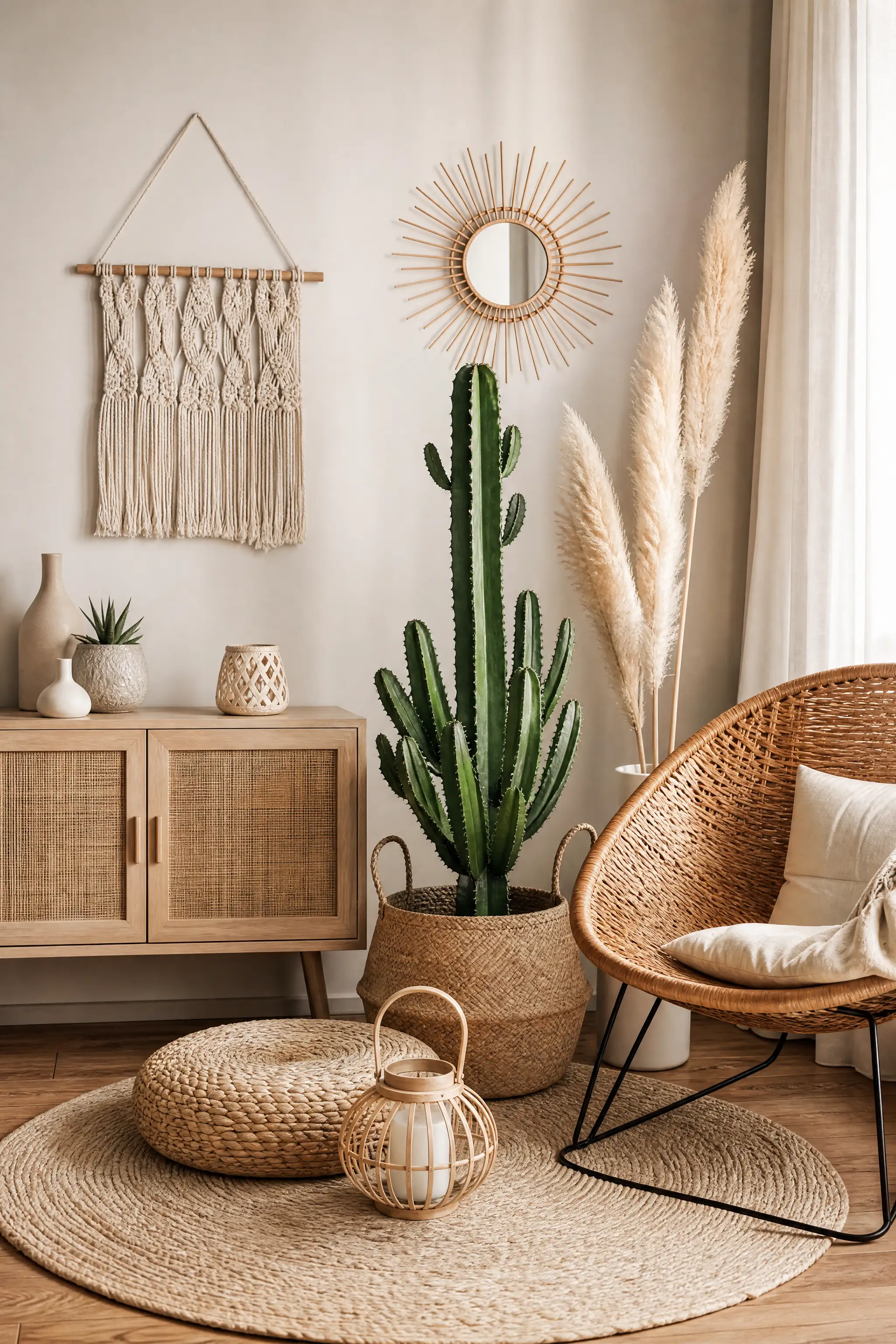 Boho-Ecke mit Kaktus, Rattansessel und Wanddeko