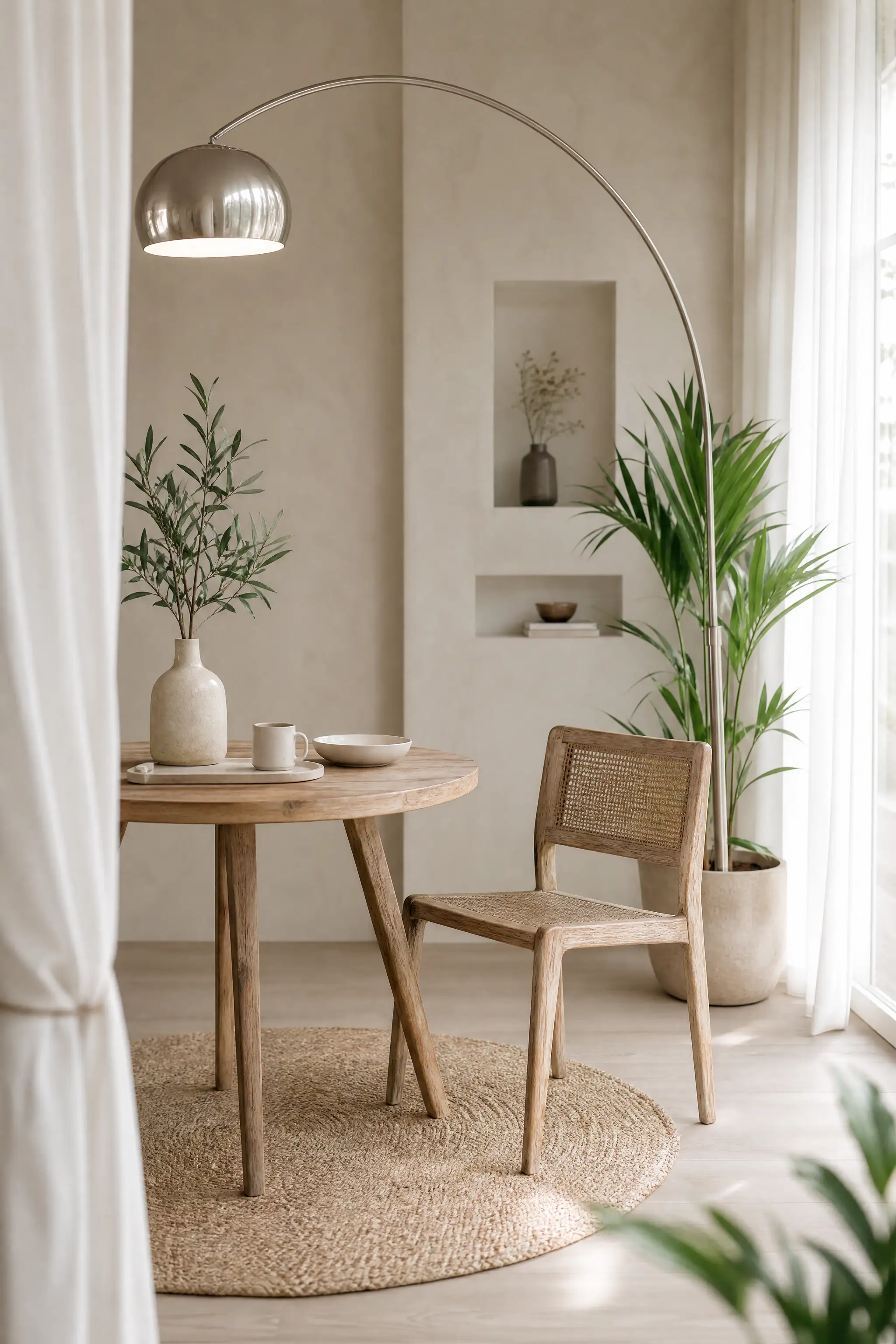 Helles, minimalistisches Esszimer mit Pflanzen und Bogenlampe.